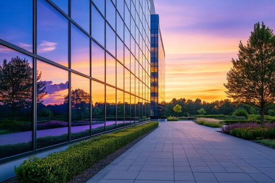 A minimalist office building with expansive glass panels reflecting the orange and purple hues of an evening sky, surrounded by well-kept greenery and a paved walkway lined with small shrubs.