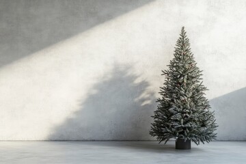 Naklejka premium Christmas tree in front of a empty white mock-up wall, 3D Rendering, 3D Illustration with generative ai
