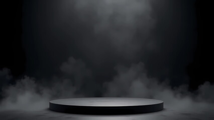  An empty podium stands under a spotlight on a misty, dark concrete floor. generative ai