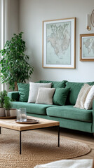 Fototapeta premium Green sofa with throw pillows in a modern living room.