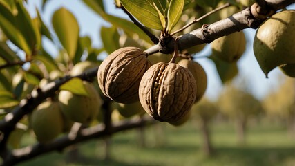 closeup image of a walnut attached to its tree background