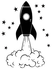 Cartoon rocket ship with stars in black, isolated 