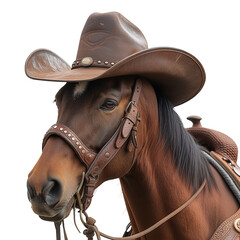 Brown Horse with a Cowboy hat, isolated on a transparent background, in close-up
