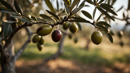 closeup image of a olive attached to its tree background