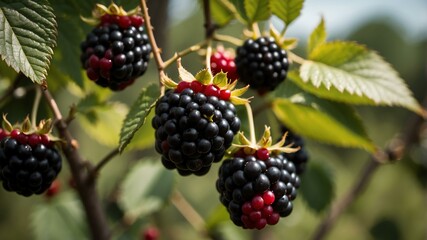 closeup image of a blackberries attached to its tree background