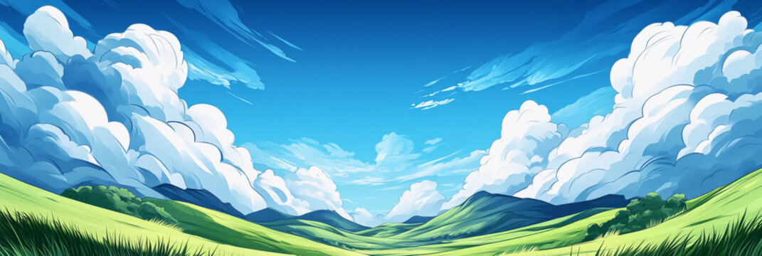 A bright blue sky with fluffy white clouds above a lush green meadow.