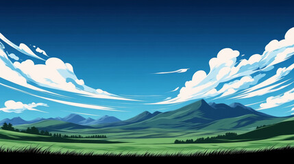 Obraz premium Tranquil mountain landscape under a blue sky with white clouds.