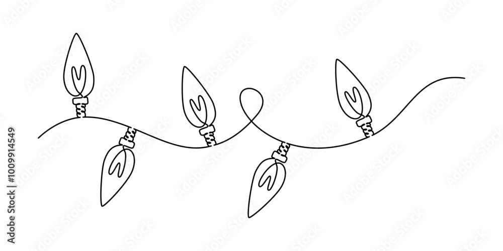 Poster one continuous line drawing of christmas garland with light bulbs. festoon xmas string and festive b