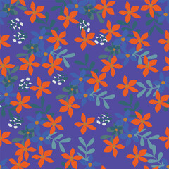 blue seamless vector stock flowers with leaves pattern on cream background