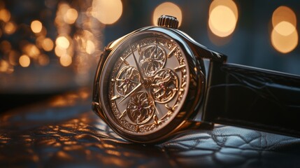 A luxurious wristwatch featuring intricate visible gears set against a backdrop of warm, ambient lighting, elegantly highlighting its craftsmanship and design.