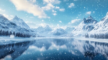 Wintry Landscape Showcasing Snow Capped Mountains and Calm Lake photo
