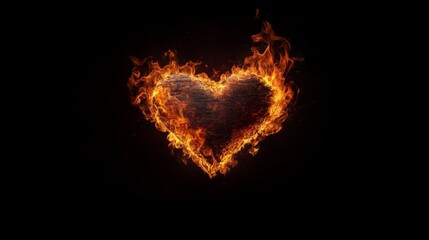 A flaming heart on a black backdrop symbolizing passion, intensity, and love. The vibrant flames convey warmth and emotion, creating a powerful visual impact.