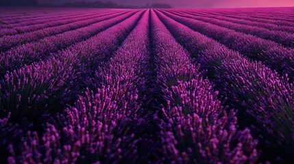Naklejka premium A lavender field with a pink sky in the backdrop and a pink mid-sky