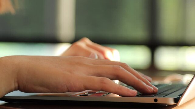 The Asian woman working on laptop in the coffee shop during the daytime 