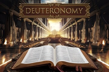 An epic cinematic presentation of the Bible with the name Deuteronomy written in gold above it.