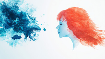 Fototapeta premium Woman with red hair gazing at blue watercolor whale