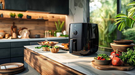 Air fryer in modern kitchen preparing healthy meal