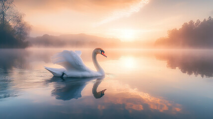 Fototapeta premium A white swan gracefully glides on a lake surrounded by a dense forest and a clear blue sky dotted with fluffy clouds, casting a warm golden light
