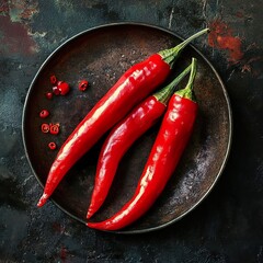 Red Chili Peppers on Rustic Plate: A Spicy Still Life