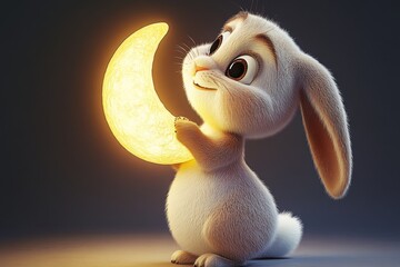 A cute, fluffy rabbit gently embraces a vibrant, glowing crescent moon lamp, exuding warmth and wonder as it sits in a dark, serene setting, captivating the viewer.