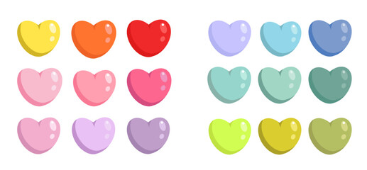 Set of isolated clipart colorful heart, hearts. Symbol of love in cartoon voluminous style. Rainbow colors. Vector illustration template for romantic Valentine Day