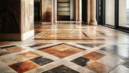 A view of a marble floor with geometric patterns, with columns on either side, and a window in the distance.