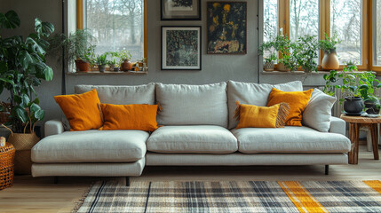 Fototapeta premium Cozy living room with a large sectional sofa, comfortable pillows, and plants.