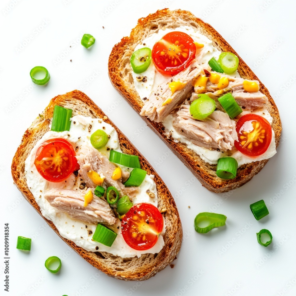 Canvas Prints Delicious open-faced sandwiches with fresh ingredients. Soft bread topped with creamy cheese, shredded chicken, and vibrant vegetables. Perfect for a healthy snack or lunch. AI