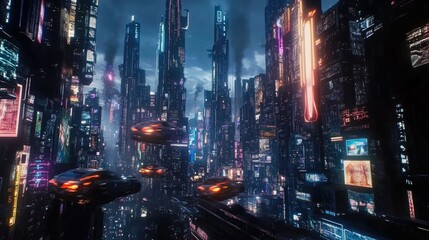 Obraz premium Futuristic Cityscape with Flying Cars and Neon Lights