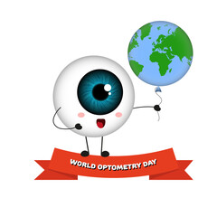 World optometry day. Eye smile holding earth balloon 