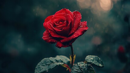   Red rose with water droplets on its petals, surrounded by a lush green bush