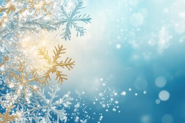 Christmas Winter Background with with white and gold floating snowflake in top and big bright white light from corner on blue background. with generative ai