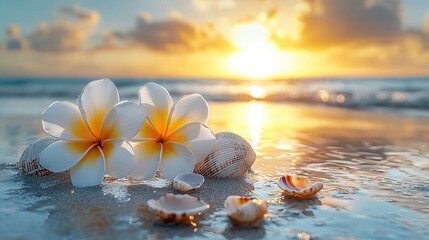 Three white flowers and seashells on the sand at sunset with the sun in the background