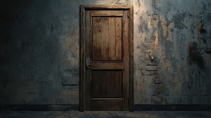   A dimly lit space featuring a central wooden door illuminated by light filtering through the top