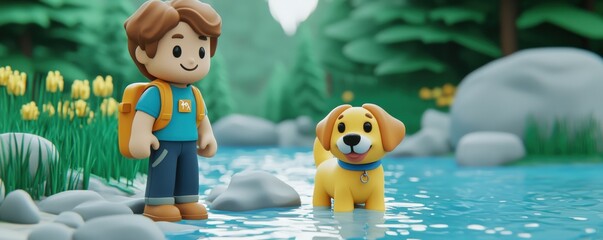 Playful Character by Water with Dog in Nature Scene