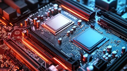 Close-up of a Motherboard with Two CPU Sockets Lit by Red and Blue Light