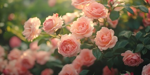 Fototapeta premium A stunning close-up of pink roses in full bloom. These beautiful flowers add elegance to any garden or home. Perfect for nature lovers and floral enthusiasts. AI