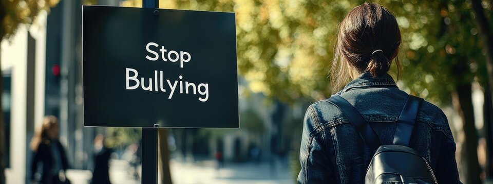 Anti bullying action: text stop bullying, call to end harmful behavior, promote kindness and respect, importance of standing up against intimidation and fostering a safe, supportive environment