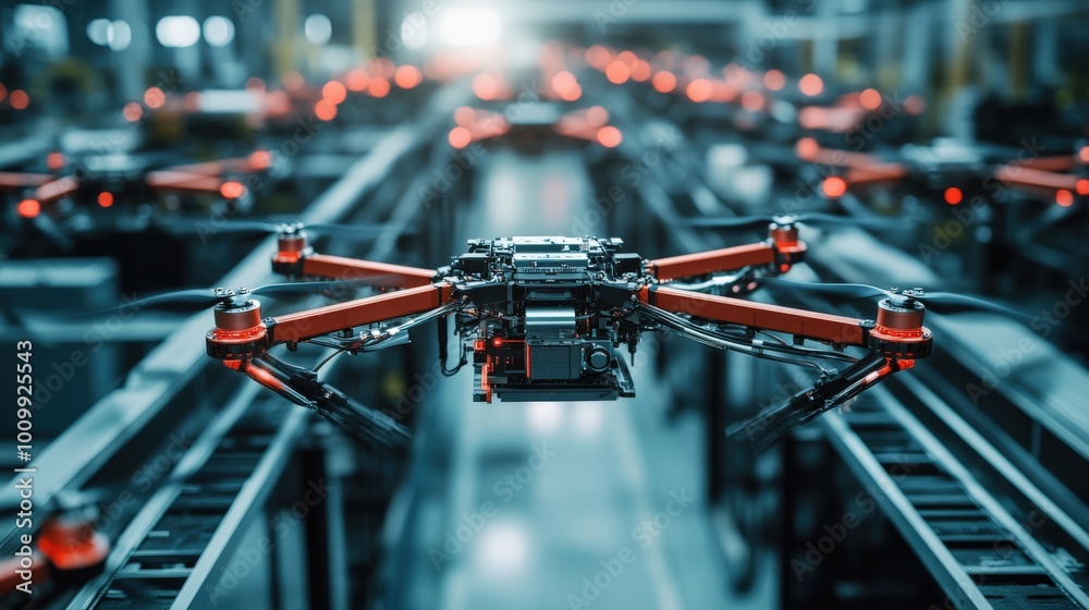 Poster a series of advanced robots navigate a modern factory, utilizing artificial intelligence to streamli