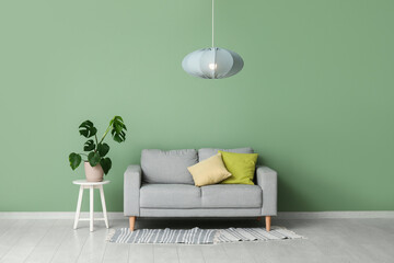 Stylish living room with grey sofa, houseplant, coffee table and modern hanging lamp