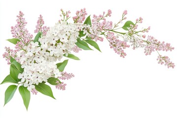 Obraz premium Delicate floral corner arrangement. Blooming white lilac, pink acacia, Lilac flowers and green leaves isolated on a white. Design element for creating postcards, with generative ai