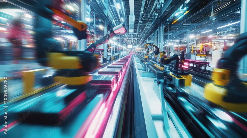 Poster a high-speed conveyor belt is efficiently moving various parts across a factory floor, showcasing ad