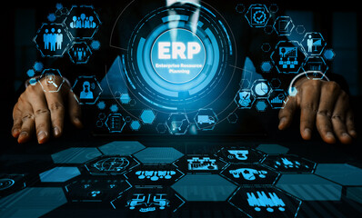 Enterprise Resource Management ERP software system for business resources plan presented in modern...