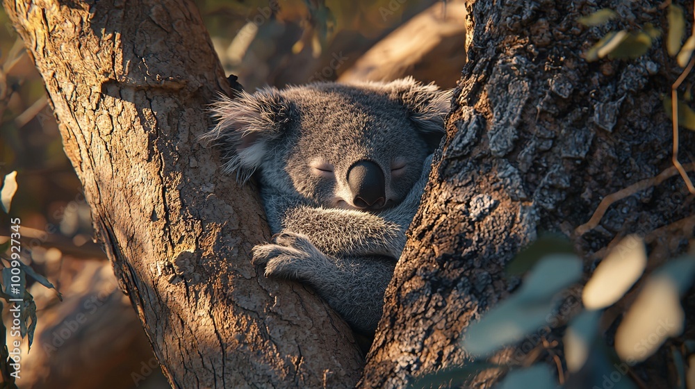 Poster   A close-up of a koala's head resting on a tree branch with its eyes closed