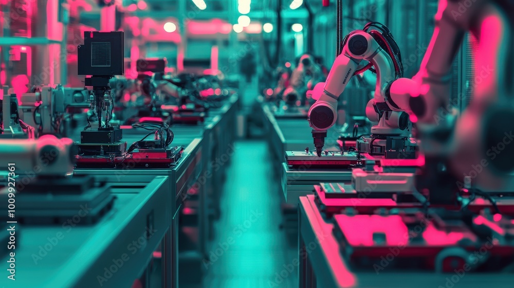 Poster robots execute precision tasks along a high-speed assembly line, showcasing advanced technology in a