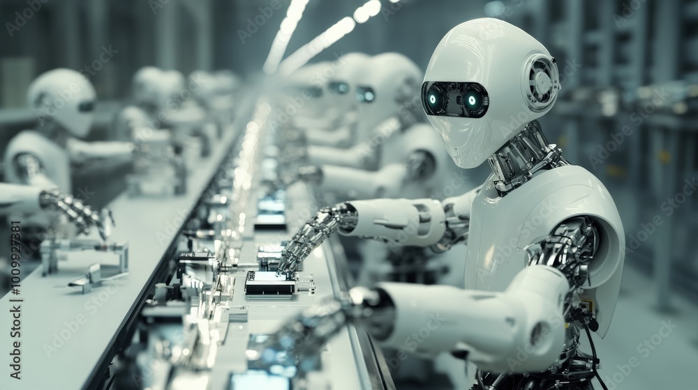 Poster advanced robots operate in unison on a high-speed assembly line, assembling components with precisio