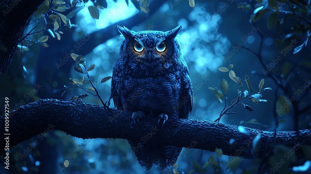 Canvas Prints   An owl perched on a tree limb with its gaze fixed and luminous in the fading sunlight