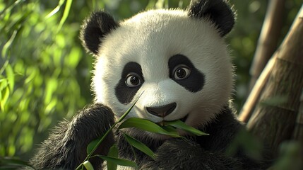 Obraz premium Panda bear eating bamboo with eyes wide open and smiling face