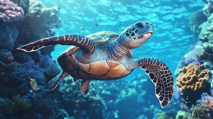 Obraz premium An artistically rendered depiction of a turtle gliding through the sea with vibrant coral reefs and diverse marine life in sharp focus