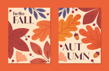 Autumn seasonal posters with leaves,ginkgo,berries,acorns and plants in fall colors.Vector modern illustrations.Trendy autumn templates for prints,ad,social media marketing,branding,packaging,covers.